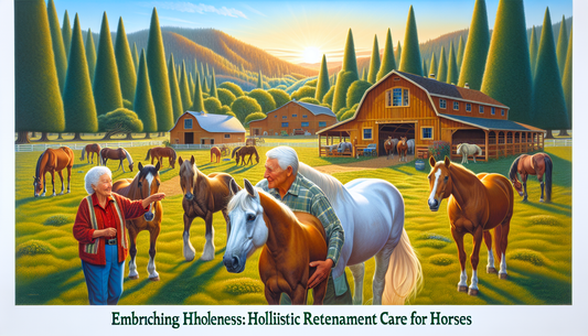 Depict an idyllic scene in Northern California where elderly horses retire. The scene should abundantly convey a sense of holistic care; maybe include elements like wide, green pastures, spacious, wel