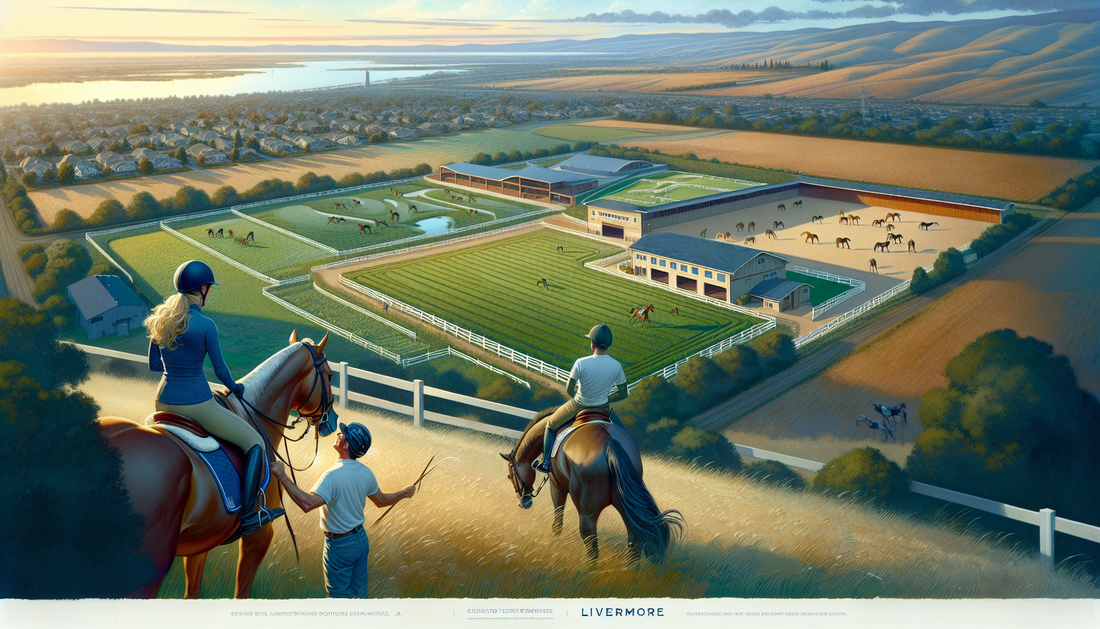 Visualize an expansive private horse training facility located in Livermore. The facility should be beautifully laid out with wide-open pastures, perfectly maintained riding rings, and top-of-the-line