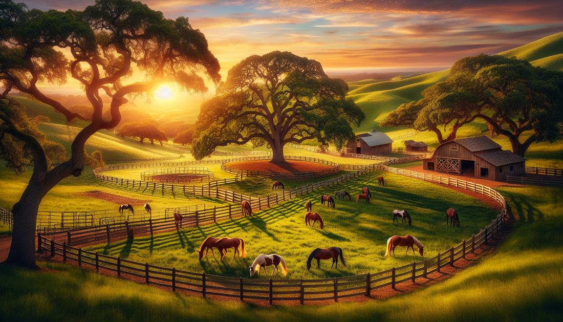 Imagine an expansive and idyllic landscape in the Bay Area. The area features a serene ranch dedicated to the retirement of horses. Across the scene, you can see lush green fields speckled with oak tr
