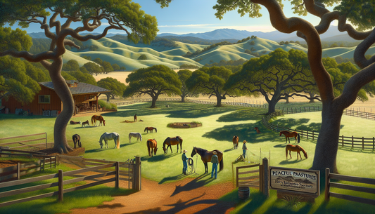 A serene landscape inside Northern California's premier horse retirement sanctuary, 'Peaceful Pastures'. The sanctuary is carpeted in verdant grass and dotted with mature oak trees providing ample sha