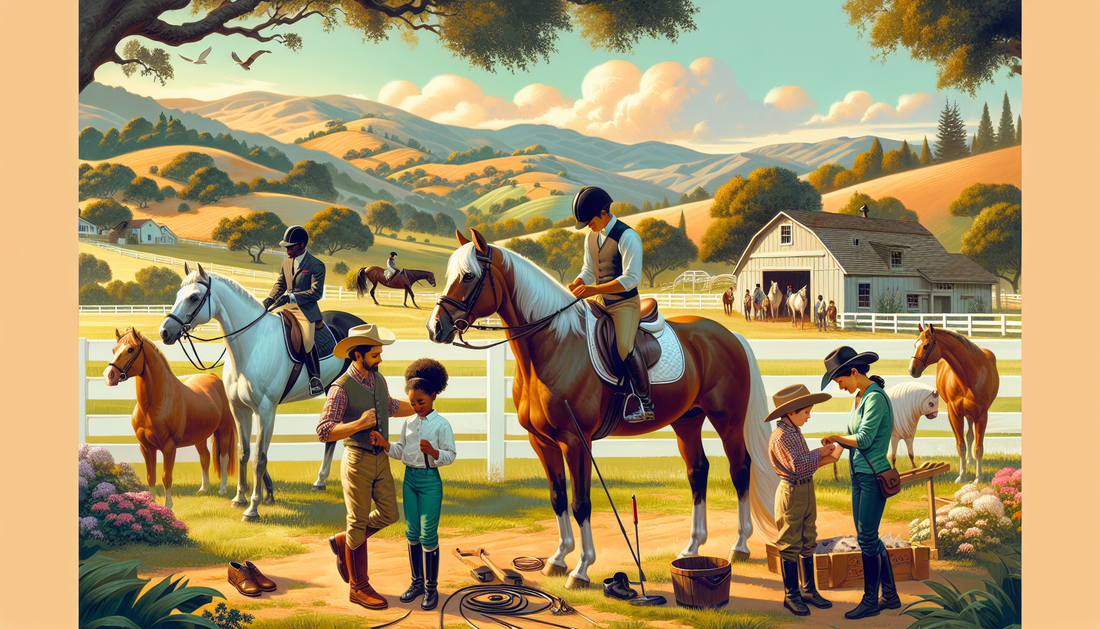 Depict an idyllic scene capturing the equestrian lifestyle in Northern California. Imagine a diverse group of people representing a mix of descents. Include an Asian male rider expertly handling a sle