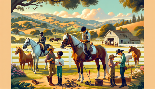 Depict an idyllic scene capturing the equestrian lifestyle in Northern California. Imagine a diverse group of people representing a mix of descents. Include an Asian male rider expertly handling a sle