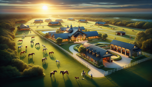 A stunning visual of Willow and Wolf Ranch offering elite services for horses. Picture a sprawling ranch under the golden light of a setting sun. Verdant pastures stretch out into the distance, dotted