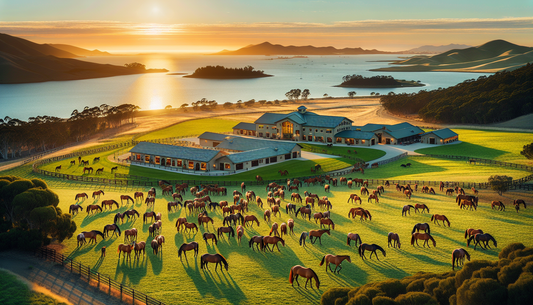 An idyllic scene of a haven for retired horses located in a bay area. Numerous horses of various breeds and colors roam peacefully across the green pastures, basking under the clear skies. In the dist