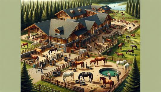 A comprehensive scene of holistic horse care at a ranch, which is named Willow and Wolf. The ranch is nestled in a picturesque setting, surrounded by lush green trees and a serene lake nearby. The hor