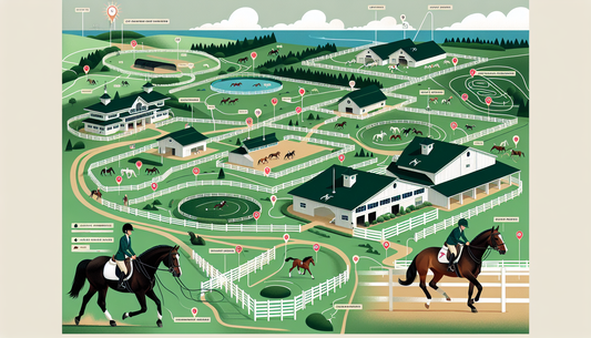 An illustrative guide to the top equestrian facilities in the Bay Area. The image consists of a map containing detailed locations of high-profile equestrian centres, complete with lush green riding tr