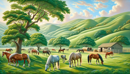 A serene, picturesque scene of some of the best havens for retired horses in the Bay Area. Imagine well-maintained green pastures under a soft blue sky, dotted with contented, elderly equines of vario