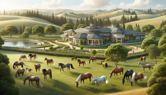 A tranquil setting in the Bay Area featuring top-tier retirement care facilities for show and performance horses. The landscape includes softly rolling hills, lush green grass, and areas for horses to