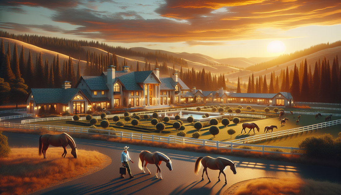 Generate an image showcasing a luxurious estate located in the picturesque environment of Northern California. The estate should be specifically tailored for the retirement of horses. It should includ