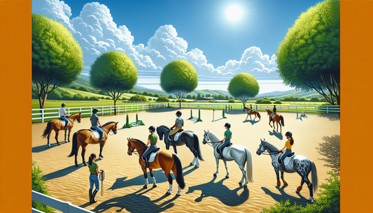 A sunny afternoon at the best horseback riding school located in the Bay Area. The scene includes a large green professional outdoor riding arena with freshly raked sand, clusters of leafy green trees