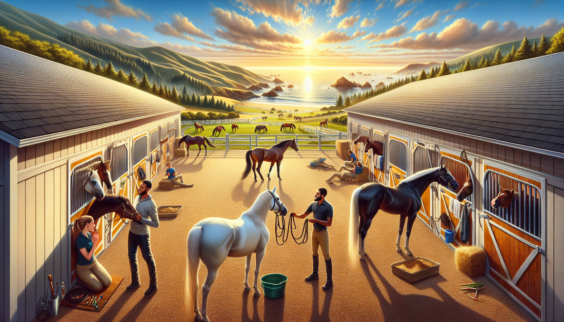 Picture an idyllic equine facility situated in the stunning Bay Area. In the foreground, a spacious, well-maintained stable populated with horses of varying colors and sizes, basking in their stalls h